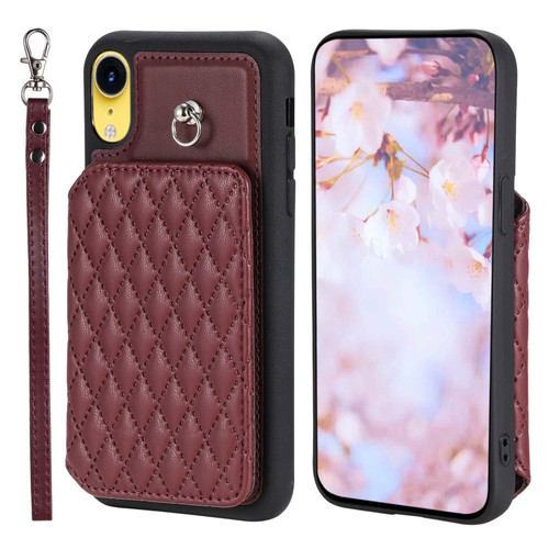 iPhone XR Grid Texture Card Bag Phone Case with Lanyard - Red