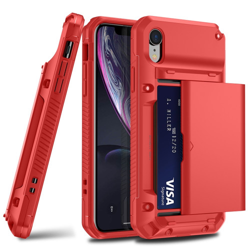 iPhone XR PC+TPU Shockproof Heavy Duty Armor Protective Case with Slide Multi-Card Slot - Red