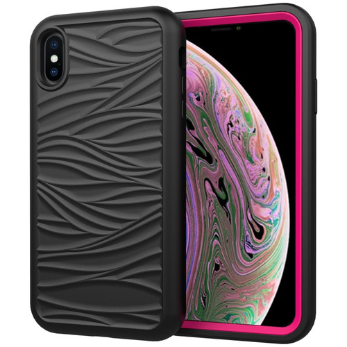 iPhone XR Wave Pattern 3 in 1 Silicone+PC Shockproof Protective Case - Black+Hot Pink
