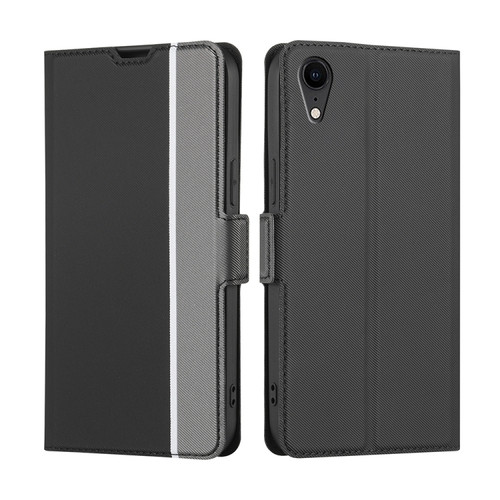 iPhone XR Twill Texture Side Button Leather Phone Case - Black