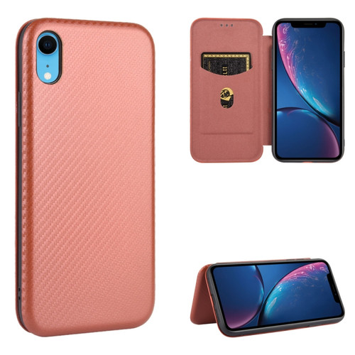 iPhone XR Carbon Fiber Texture Horizontal Flip TPU + PC + PU Leather Case with Card Slot - Brown