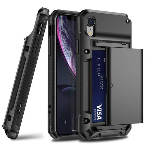 iPhone XR PC+TPU Shockproof Heavy Duty Armor Protective Case with Slide Multi-Card Slot - Black