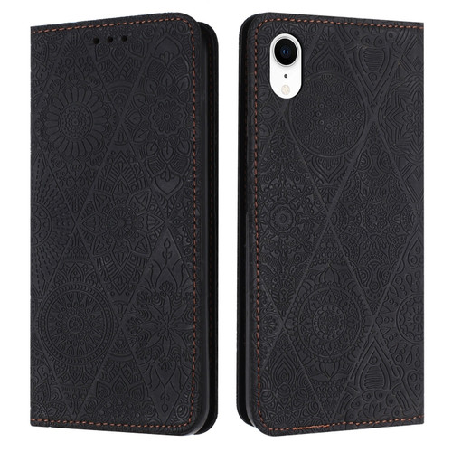 iPhone XR Ethnic Embossed Adsorption Leather Phone Case - Black