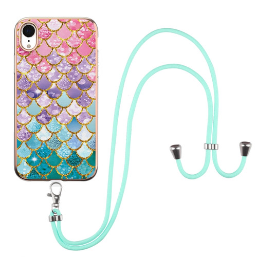 iPhone XR Electroplating Pattern IMD TPU Shockproof Case with Neck Lanyard - Colorful Scales