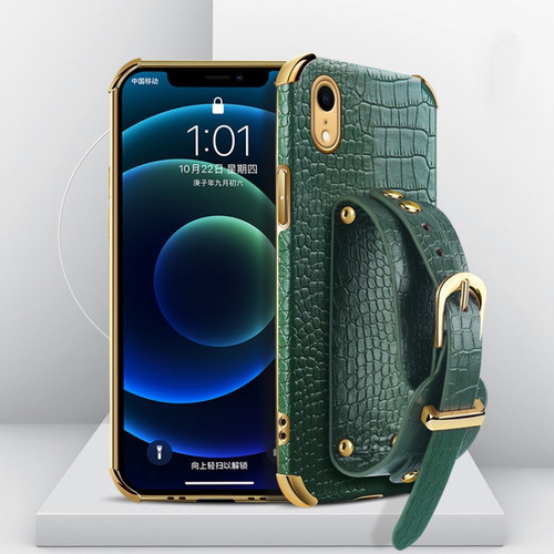iPhone XR Electroplated TPU Crocodile Pattern Leather Case with Wrist Strap - Green