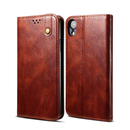 iPhone XR Simple Wax Crazy Horse Texture Horizontal Flip Leather Case with Card Slots & Wallet - Brown