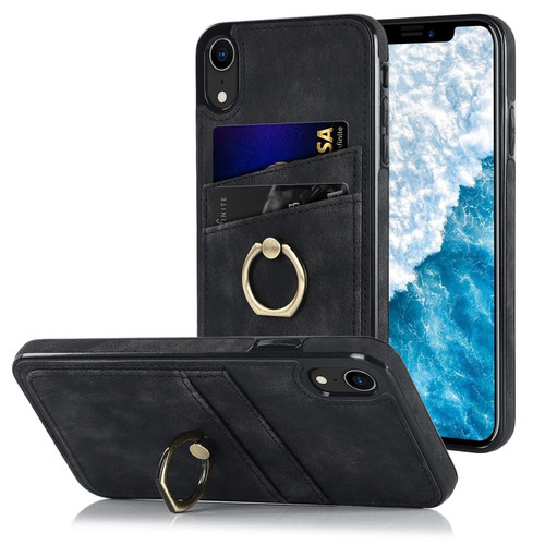 iPhone XR Vintage Patch Leather Phone Case with Ring Holder - Black