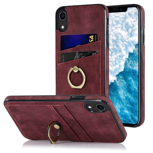 iPhone XR Vintage Patch Leather Phone Case with Ring Holder - Red
