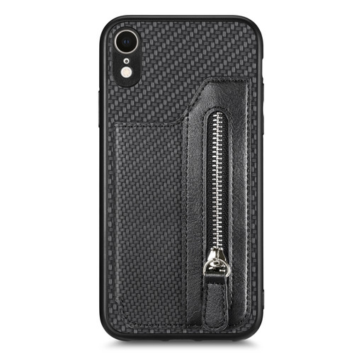 iPhone XR Carbon Fiber Horizontal Flip Zipper Wallet Phone Case - Black