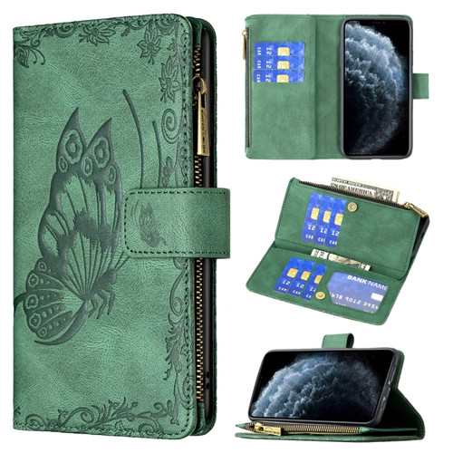iPhone XR Flying Butterfly Embossing Pattern Zipper Horizontal Flip Leather Case with Holder & Card Slots & Wallet - Green