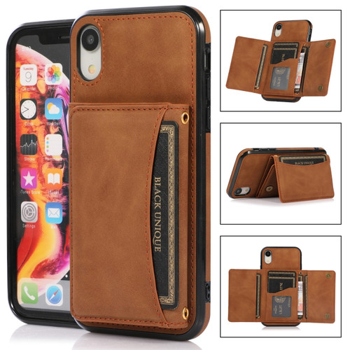 iPhone XR Three-fold Leather Phone Case with Card Slot & Wallet & Holder - Brown