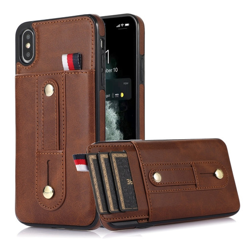 iPhone XR Wristband Kickstand Wallet Leather Phone Case - Brown