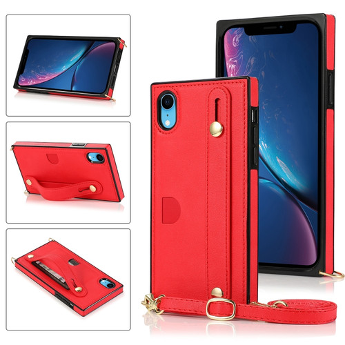 iPhone XR Wrist Strap PU+TPU Shockproof Protective Case with Crossbody Lanyard & Holder & Card Slot - Red