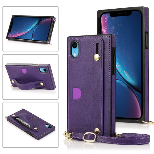 iPhone XR Wrist Strap PU+TPU Shockproof Protective Case with Crossbody Lanyard & Holder & Card Slot - Purple