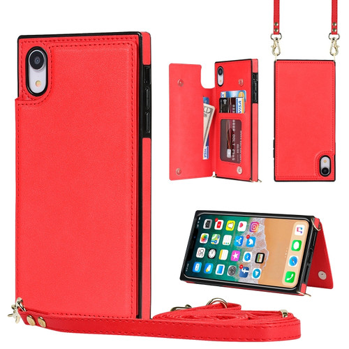 iPhone XR Cross-body Square Double Buckle Flip Card Bag TPU+PU Case with Card Slots & Wallet & Photo & Strap - Red