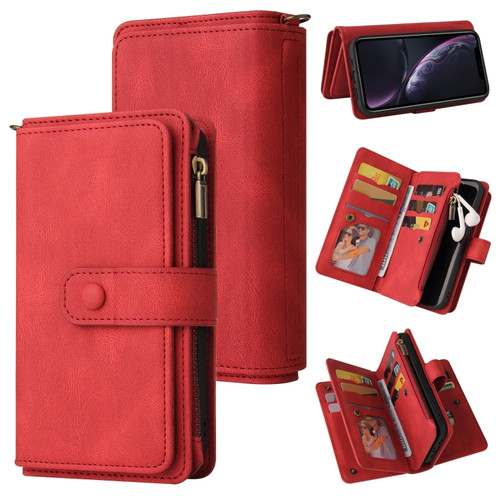iPhone XR Skin Feel PU + TPU Horizontal Flip Leather Case with Holder & 15 Cards Slot & Wallet & Zipper Pocket & Lanyard - Red