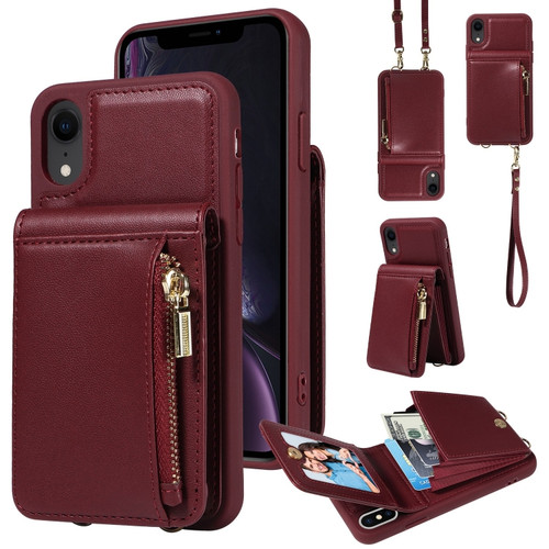 iPhone XR Crossbody Lanyard Zipper Wallet Leather Phone Case - Wine Red
