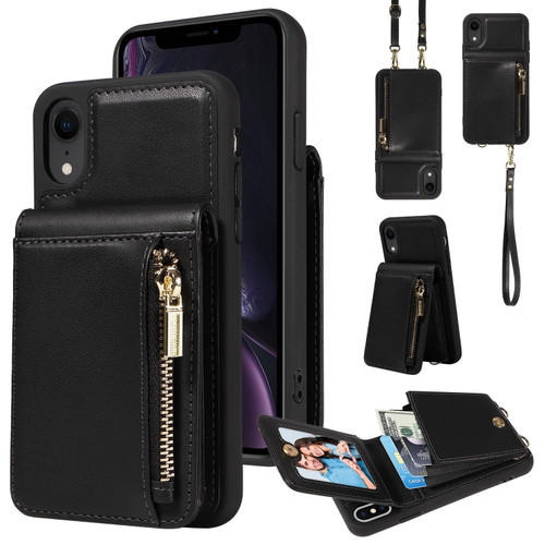 iPhone XR Crossbody Lanyard Zipper Wallet Leather Phone Case - Black