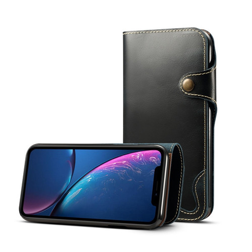 iPhone XR Denior Oil Wax Cowhide Magnetic Button Horizontal Flip Leather Case with Card Slots & Wallet - Dark Blue