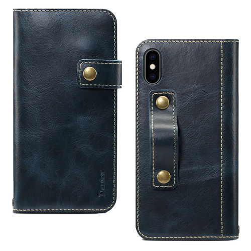 iPhone XR Denior Oil Wax Cowhide DK Magnetic Button Horizontal Flip Leather Case with Holder & Card Slots & Wallet - Dark Blue