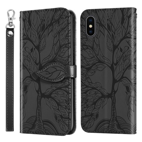 iPhone XS Max Life of Tree Embossing Pattern Horizontal Flip Leather Case with Holder & Card Slot & Wallet & Photo Frame & Lanyard - Black