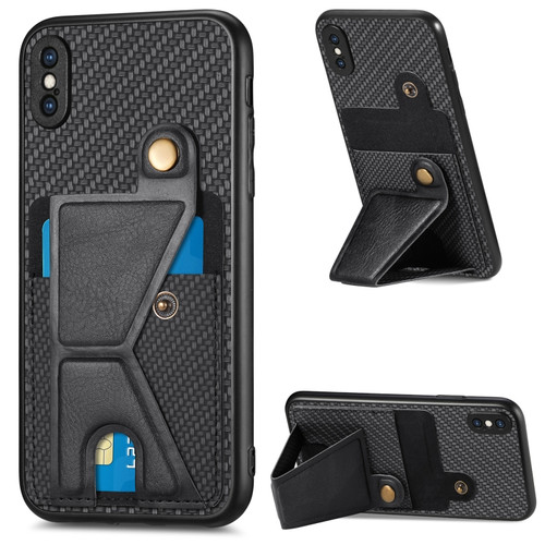 iPhone XS Max Carbon Fiber Wallet Flip Card K-shaped Holder Phone Case - Black