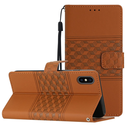 iPhone XS Max Diamond Embossed Skin Feel Leather Phone Case with Lanyard - Brown