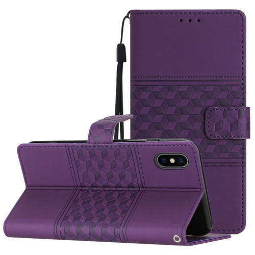 iPhone XS Max Diamond Embossed Skin Feel Leather Phone Case with Lanyard - Purple