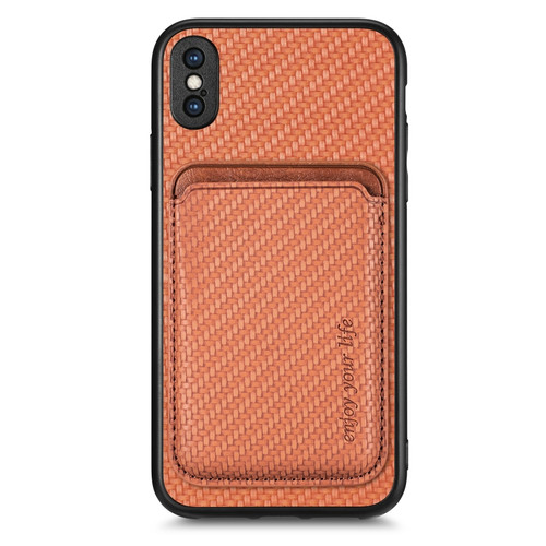 iPhone XS Max Carbon Fiber Leather Card Magsafe Magnetic Phone Case - Brown