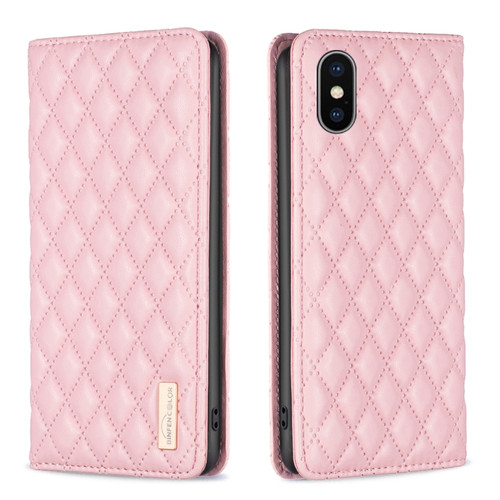 iPhone XS Max Diamond Lattice Magnetic Leather Flip Phone Case - Pink