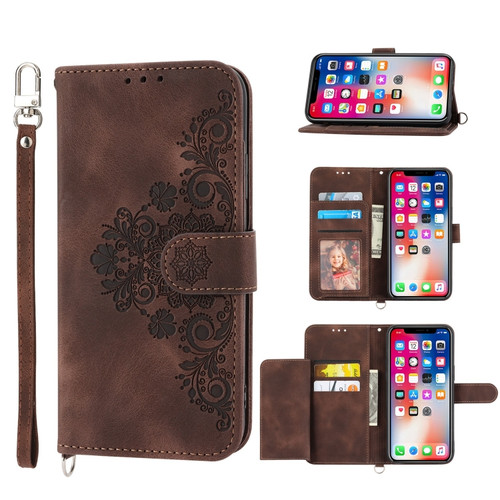 iPhone XS Max Skin-feel Flowers Embossed Wallet Leather Phone Case - Brown