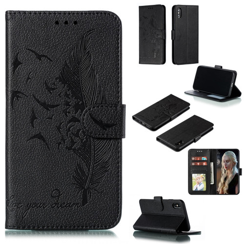 iPhone XS Max Feather Pattern Litchi Texture Horizontal Flip Leather Case with Wallet & Holder & Card Slots - Black