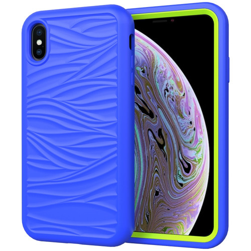 iPhone XS Max Wave Pattern 3 in 1 Silicone+PC Shockproof Protective Case - Blue+Olivine