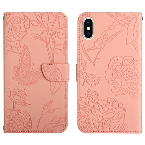 iPhone XS Max Skin Feel Butterfly Peony Embossed Leather Phone Case - Pink