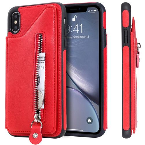 iPhone XS Max Solid Color Double Buckle Zipper Shockproof Protective Case - Red