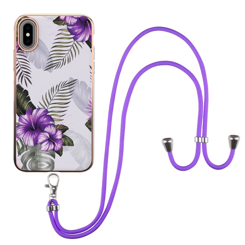 iPhone XS Max Electroplating Pattern IMD TPU Shockproof Case with Neck Lanyard - Purple Flower