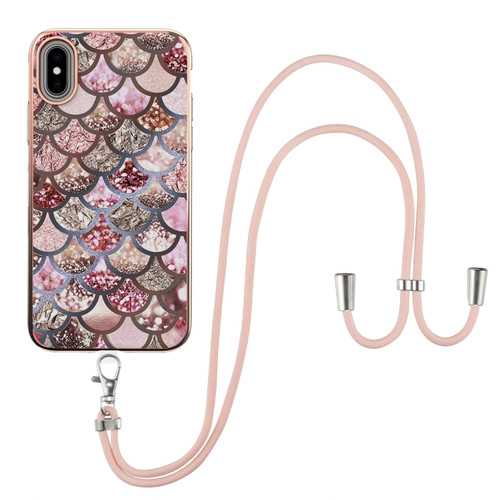 iPhone XS Max Electroplating Pattern IMD TPU Shockproof Case with Neck Lanyard - Pink Scales