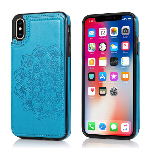 iPhone XS Max Double Buckle Mandala Pattern PU+TPU Protective Case with Card Slots & Holder & Photo Frame - Blue