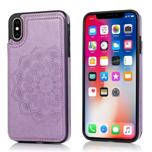 iPhone XS Max Double Buckle Mandala Pattern PU+TPU Protective Case with Card Slots & Holder & Photo Frame - Purple