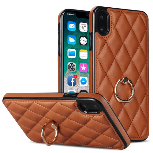 iPhone XS Max Rhombic PU Leather Phone Case with Ring Holder - Brown