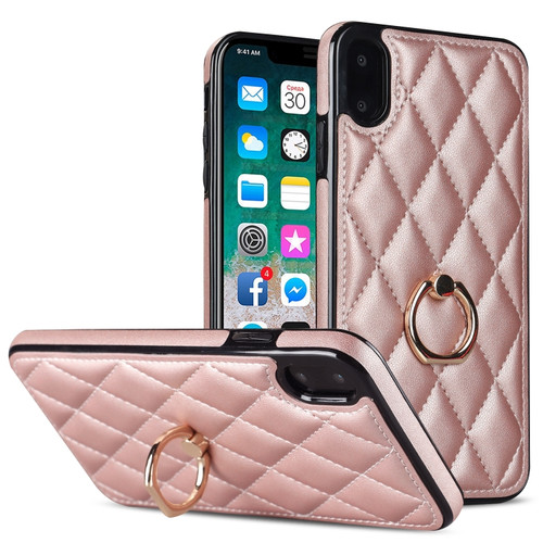 iPhone XS Max Rhombic PU Leather Phone Case with Ring Holder - Rose Gold