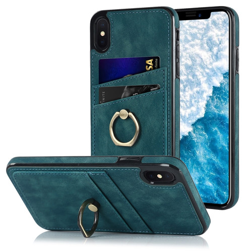 iPhone XS Max Vintage Patch Leather Phone Case with Ring Holder - Blue