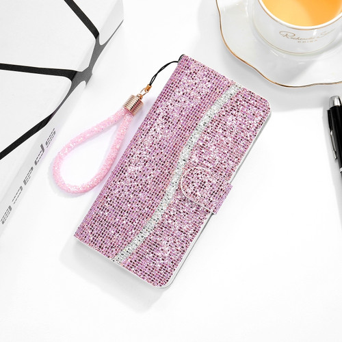 iPhone XS  Max Glitter Powder Horizontal Flip Leather Case with Card Slots & Holder & Lanyard - Pink