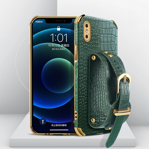 iPhone XS Max Electroplated TPU Crocodile Pattern Leather Case with Wrist Strap - Green