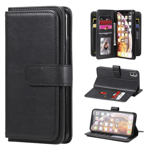 iPhone XS Max Multifunctional Magnetic Copper Buckle Horizontal Flip Solid Color Leather Case with 10 Card Slots & Wallet & Holder & Photo Frame - Black