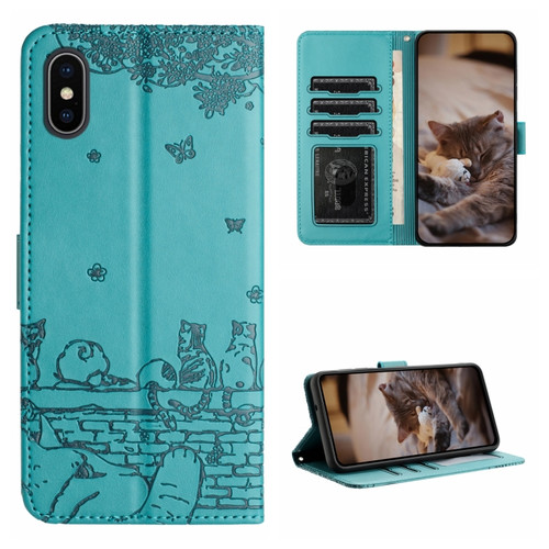 iPhone XS Max Cat Embossing Pattern Leather Phone Case with Lanyard - Blue