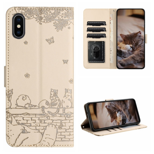 iPhone XS Max Cat Embossing Pattern Leather Phone Case with Lanyard - Beige