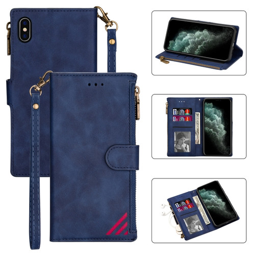 iPhone XS Max Zipper Multi-card Slots Horizontal Flip PU Leather Case with Holder & Card Slots & Wallet & Lanyard & Photo Frame - Blue