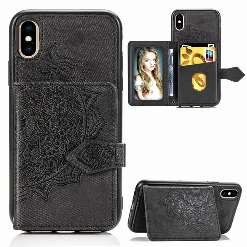 iPhone XS Max  Mandala Embossed Magnetic Cloth PU + TPU + PC Case with Holder & Card Slots & Wallet & Photo Frame & Strap - Black