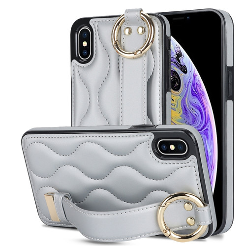 iPhone XS Max Non-slip Full Coverage Ring PU Phone Case with Wristband - Silver